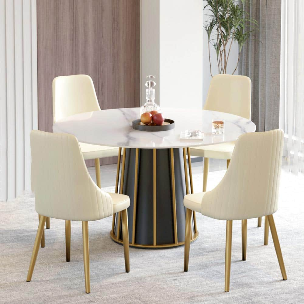 53.15 in. White Sintered Stone Round Tabletop Black Pedestal Base Kitchen Dining Table (Seats-6) -  Magic Home, MH-A-RD135W-4B