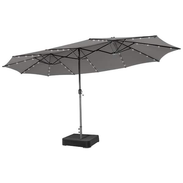 15 ft. Steel Market Patio Umbrella in Gray with LED Light and Stand Double Sided Twin Solar Outdoor Umbrella with Crank