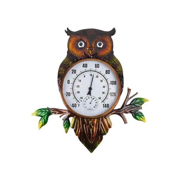 22 in. Owl Outdoor Thermometer, Metal Wall Thermometer, Large Outside Thermometer with Large Number