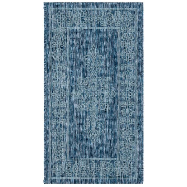 Courtyard Navy/Ivory 2 ft. x 4 ft. Border Medallion Indoor/Outdoor Area Rug
