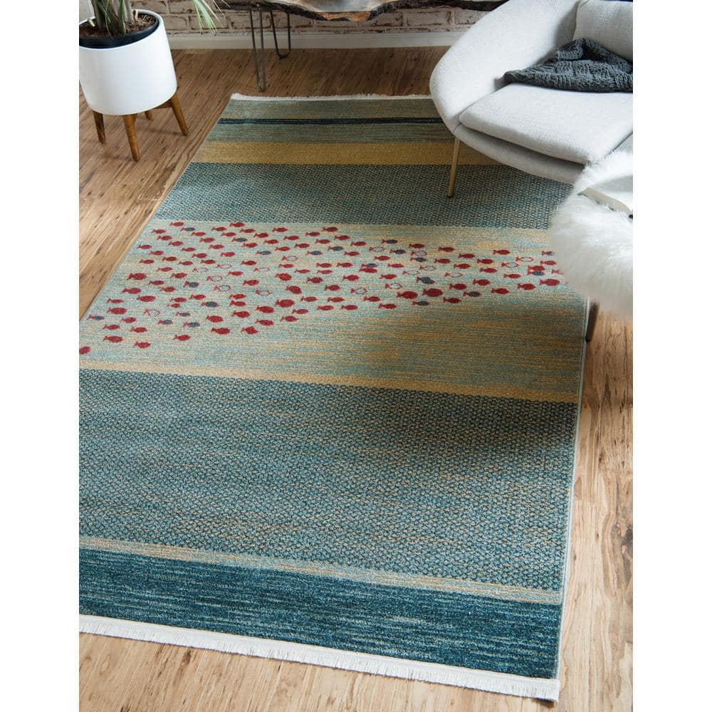 Modern Kashkuli Gabbeh 8'x10' Blue Stripe Polypropylene Area Rug