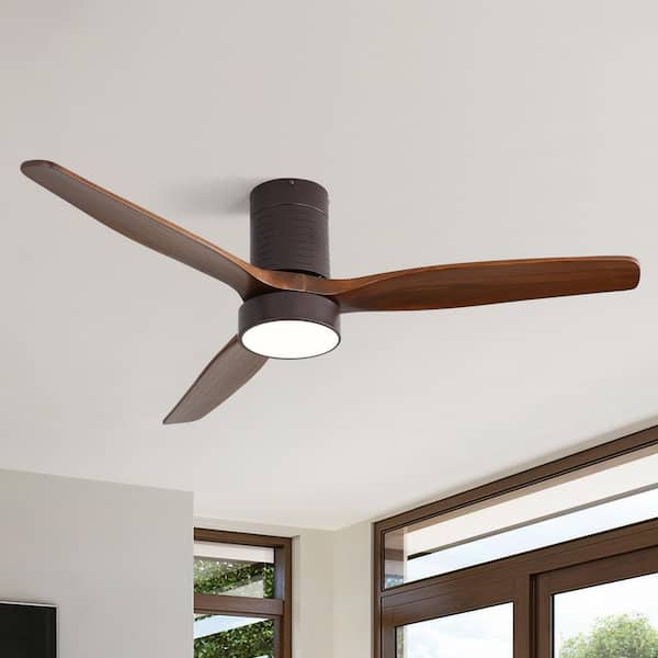 Sofucor 52 in. LED Indoor/Outdoor Flush Mount Coffee Ceiling Fan with 3-Reversible Wood Blades, 6-Speed DC Remote Control