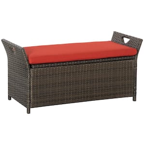 27 Gal. Patio Wicker Deck Box Bench, Steel Patio Furniture Pool Outdoor Storage Bench with Handles and Red Cushion