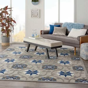 Aloha Gray/Blue 8 ft. x 11 ft. Floral Modern Indoor/Outdoor Patio Area Rug