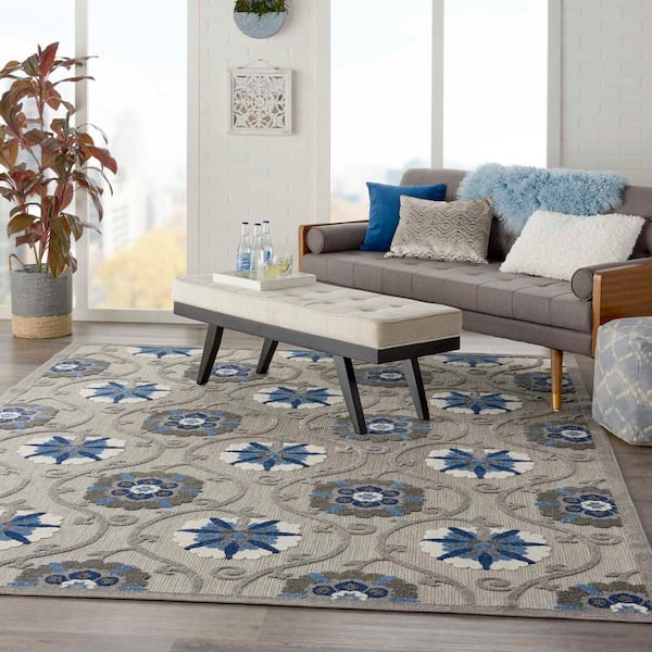 Aloha Gray/Blue 10 ft. x 13 ft. Floral Modern Indoor/Outdoor Patio Area Rug