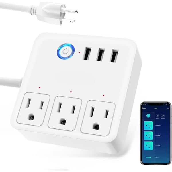 3-Outlet Smart Power Strip with 3 USB Ports and 4 ft. Cord-Multi-Plug Extender Flat Plug in White