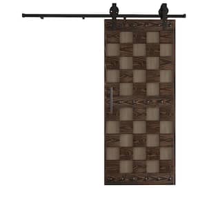 36 in. x 84 in. Chess Board Pattern Embossing Smoky Gray/Kona Coffee Knotty Wood Sliding Door With Hardware Kit