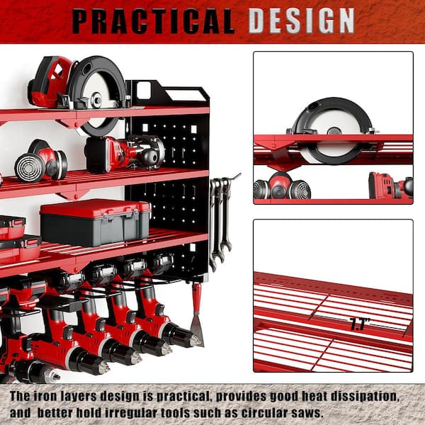 17.13 in. Metal Standard Modular 4 Layers Wall Rack with 8 Drill Holders, Red