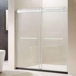 76 in. W x 76 in. H Freestanding Double Sliding Frameless Shower Enclosure in Brushed Nickel