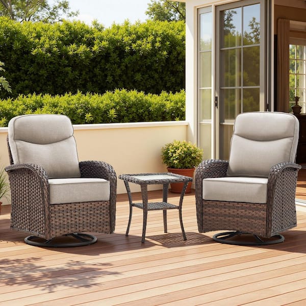 Luna Brown 3-Piece Wicker Swivel Glider Patio Conversation Set with 6 in. Thick Beige Cushions and Side Table
