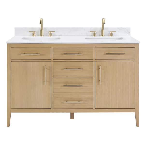 Solidus 55 in. W Double Sinks Freestanding Bath Vanity in Fawn Oak with Calacatta Cultured Marble Top