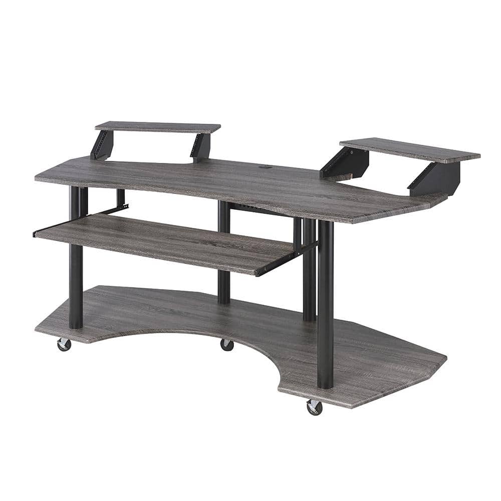 Eleazar Black Oak Studio Desk with Keyboard Tray and Speaker Stands