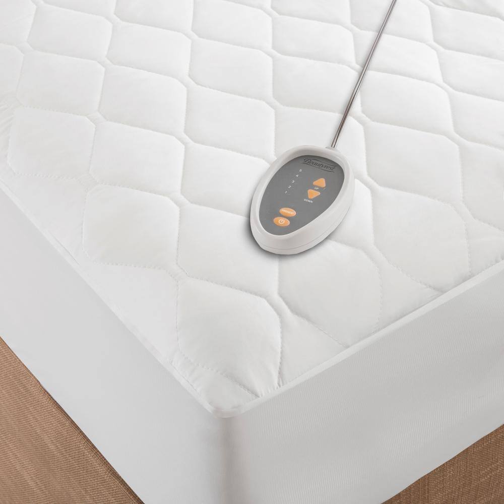 Twin White Heated Microfiber Mattress Pad with 3M Scotchgard