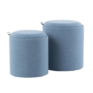 Tray Blue Fabric and Natural Wood Nesting Ottoman Set