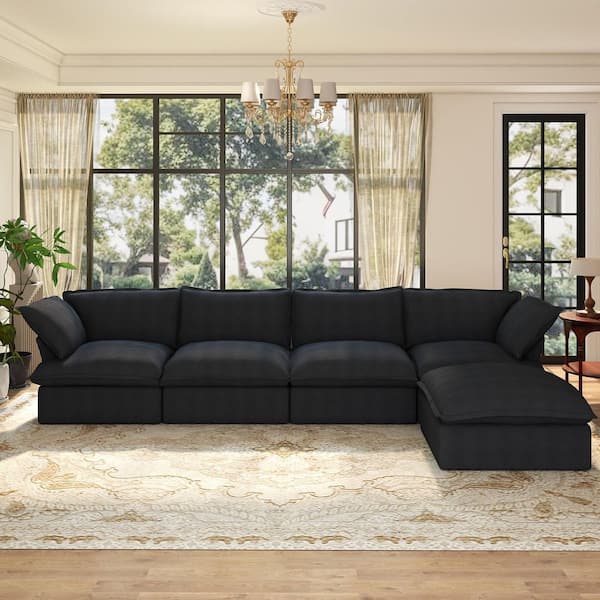 Down Filled 163 in. Flared Arm Linen L-Shaped Modular Cloud Sofa with Washable Cover, Ottoman in. Black