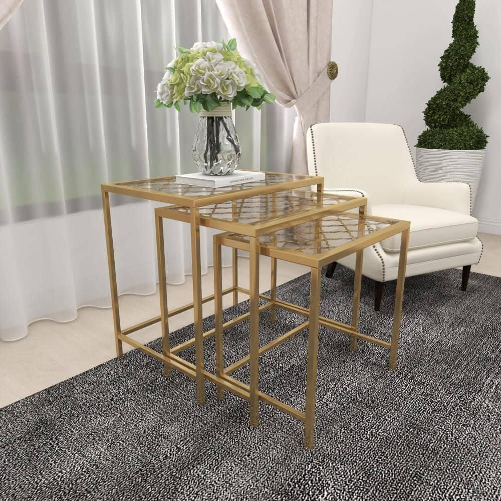 Elegant Gold Metal and Clear Glass Nesting Tables - Set of 3