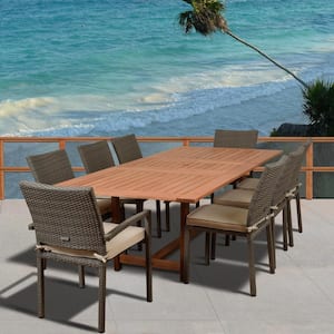 Knight 9-Piece Teak/Wicker Rectangular Outdoor Dining Set with Off-White Cushions