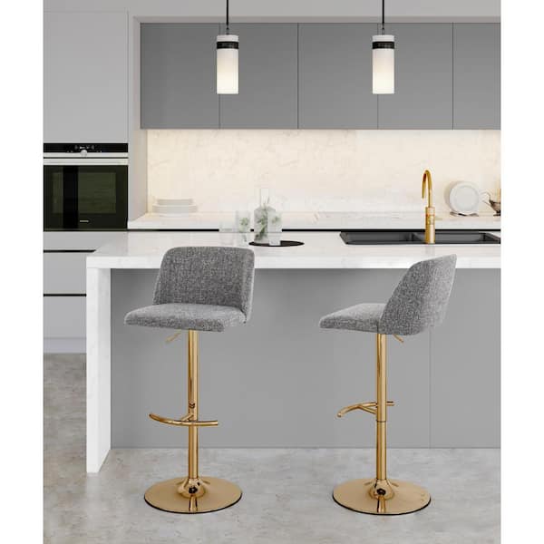 Lumisource Toriano 33 in. Grey Noise Fabric and Gold Metal Adjustable Bar Stool with Rounded T Footrest (Set of 2)