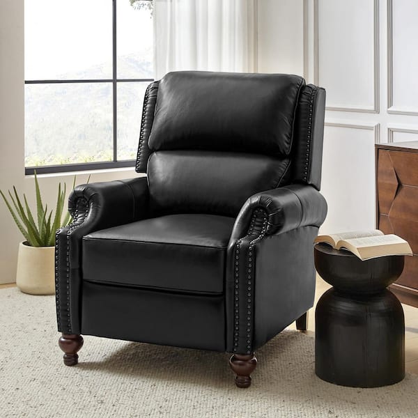 JAYDEN CREATION Elisabete Mid-century Modern Retro Black Nail Head Trim Genuine Leather Cigar Recliner with Tapered Birch Wood Legs