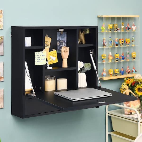 Costway 24 in. Wall Mount Black Floating 0 Drawer Secretary Desk with Foldable Space Saving Laptop Workstation P12I 10NWR8DK The Home Depot