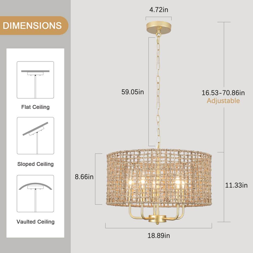 Gold and Rattan Drum Chandelier with Woven Shade