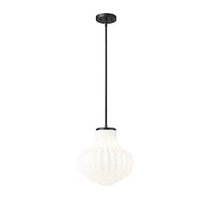 Newbury 60-Watt 1-Light Matte Black Pendant-Light with White Opal Glass shade, no bulbs included