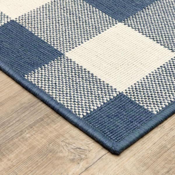 Blue, Ivory 2 ft. x 8 ft. Loomed Geometric Polypropylene Rectangle Indoor/Outdoor Area Rug