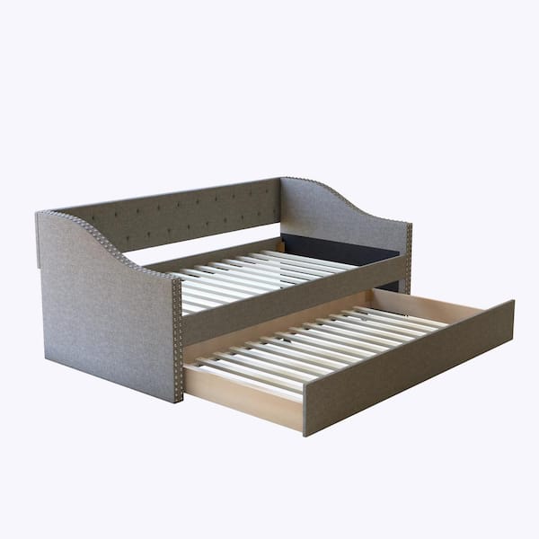 Boyd Sleep Manchester Twin Size Daybed with Wheeled Trundle, Gray Linen, with Tufted Upholstery and Nailhead Trim