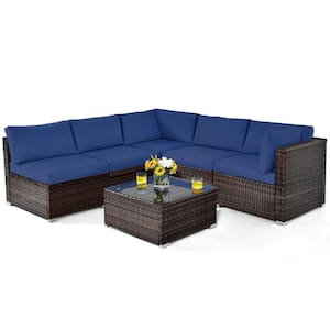 6-Piece Wicker Outdoor Sectional Conversation Furniture Set with Coffee Table & Navy Cushions
