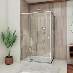 Flex 36 in. D x 48 in. W x 74.75 in. Framed Pivot Shower Enclosure in Chrome with Left Drain White Acrylic Base Kit
