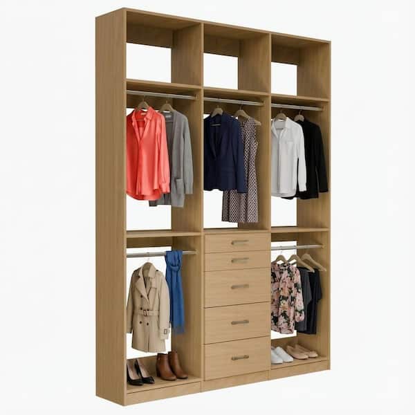 Alto Collection 73.5 in W Oak Wall Mounted 2 Double Hang and 5-Drawer w Extensions Wood Closet System