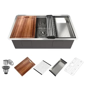 32 in. Undermount Single Bowl 18-Gauge Brushed Stainless Steel Kitchen Sink with Accessories