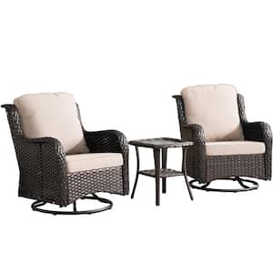Moonlight Brown 3-Piece Wicker Patio Conversation Seating Sofa Set with Beige Cushions and Swivel Rocking Chairs