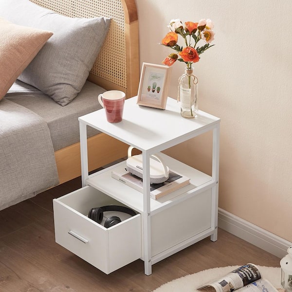 White Rustic Nightstands Set of 2, Modern Bedside Tables with Drawer and Storage Shelves, Industrial End Tables