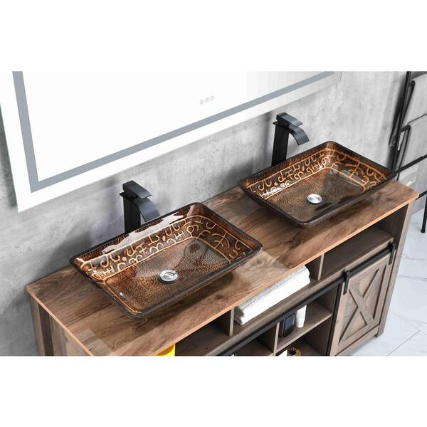 Modern Dark Brown Glass Rectangular Vessel Sink With Black Faucet And Pop Up Drain Included Aybszhd1144 The Home Depot