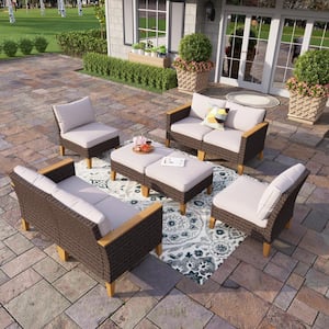 Brown Wicker Rattan 8 Seat 8-Piece Steel Outdoor Patio Conversation Set with Beige Cushions and 2 Ottomans