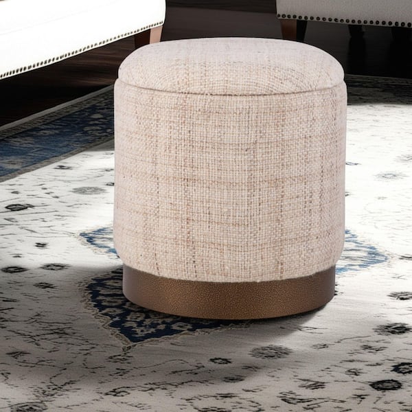 Carolina Chair & Table Handwoven Boreas Tan Check Wool 16 in. Round Storage Ottoman with Hammered Metal Base