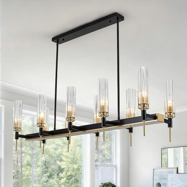 Modern 10 light Black and Brass Linear Kitchen Island Chandelier with Clear Glass Shade