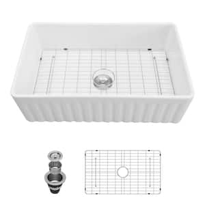36 in. Farmhouse Apron-Front Single Bowl White Ceramic Kitchen Sink with Bottom Grid and Strainer