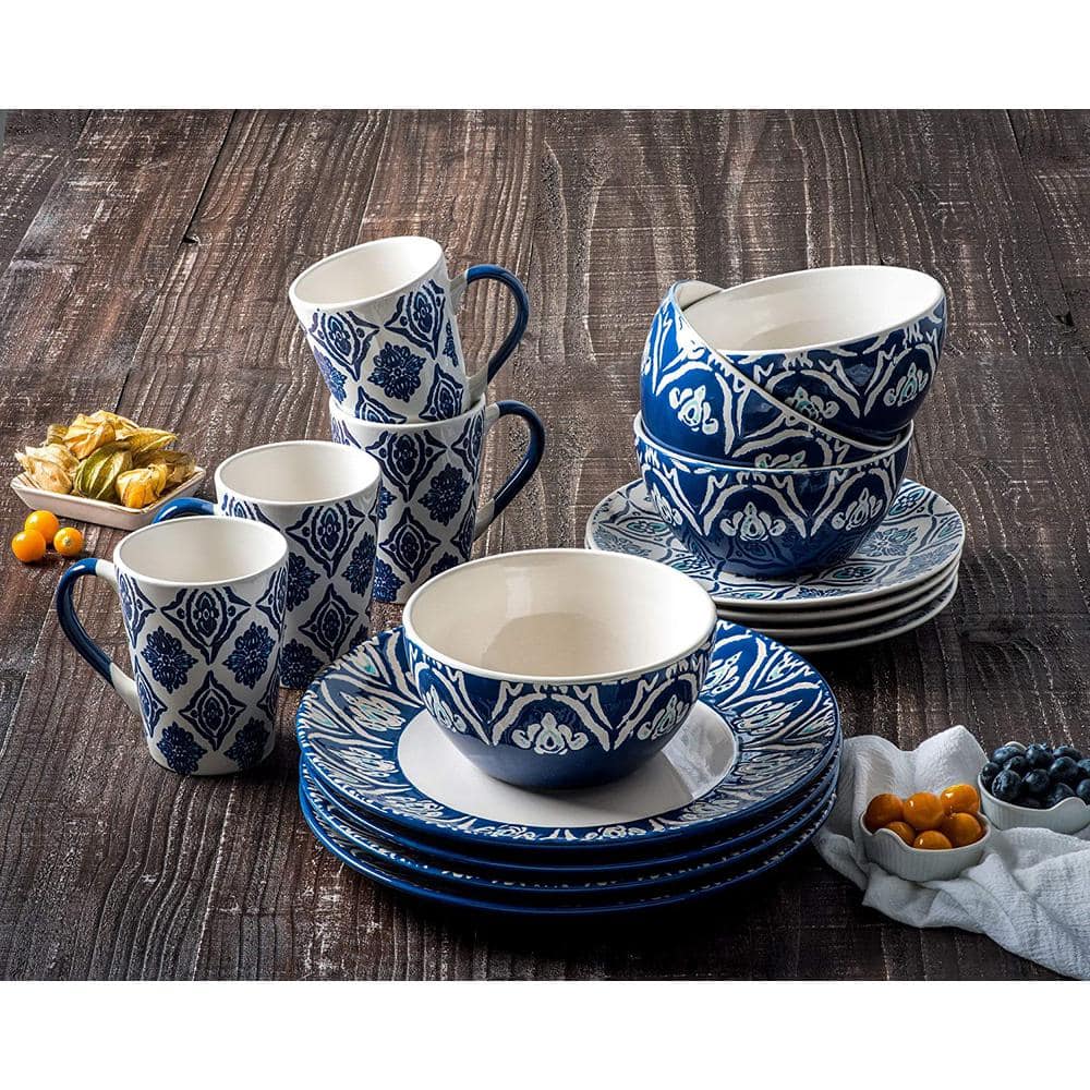 16-Piece White and Blue Ceramic Dinnerware Set