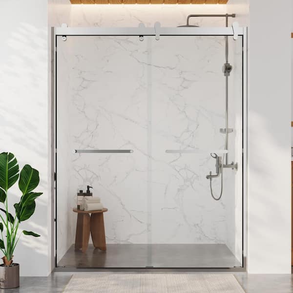 DEERVALLEY 60 in. W x 76 in. H Double Sliding Framed Shower Door in Silver with 3/8 in. (10 mm) Clear Glass
