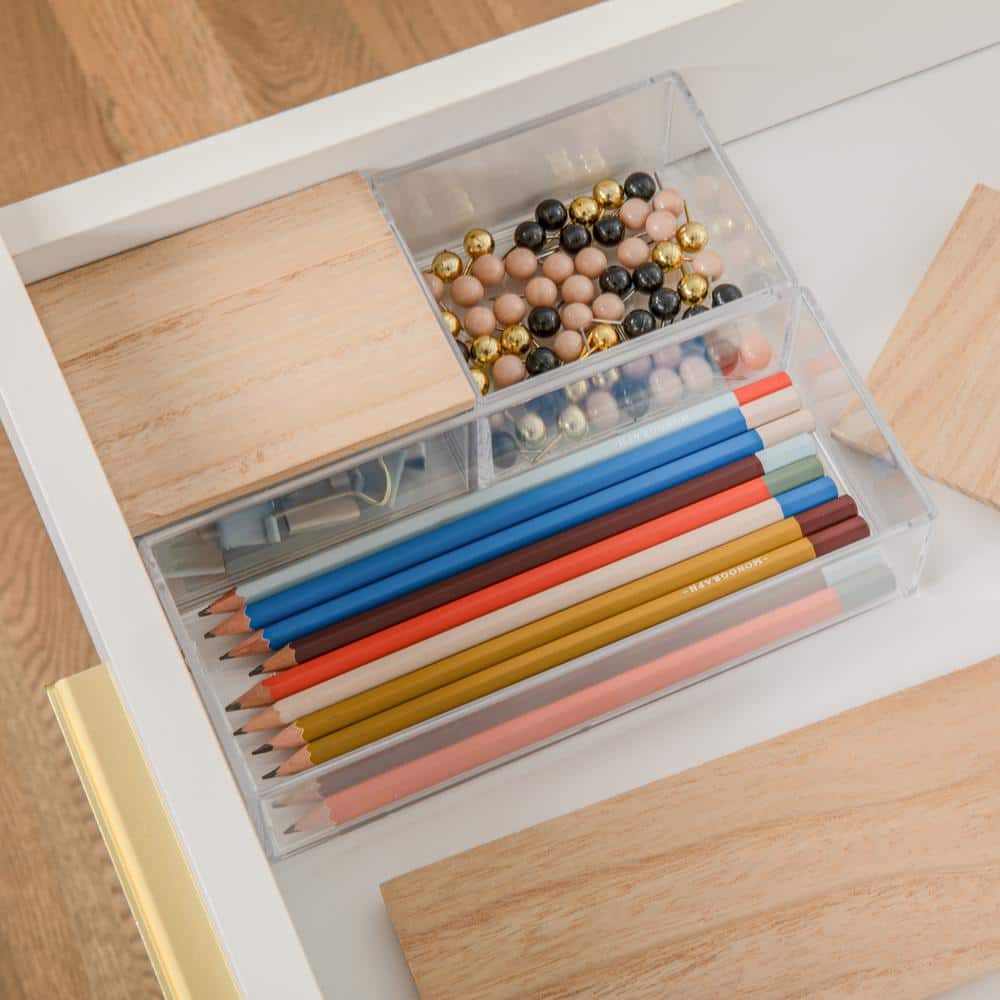Clear Stackable Plastic Organizer Bins with Light Wood Lids, Set of 3