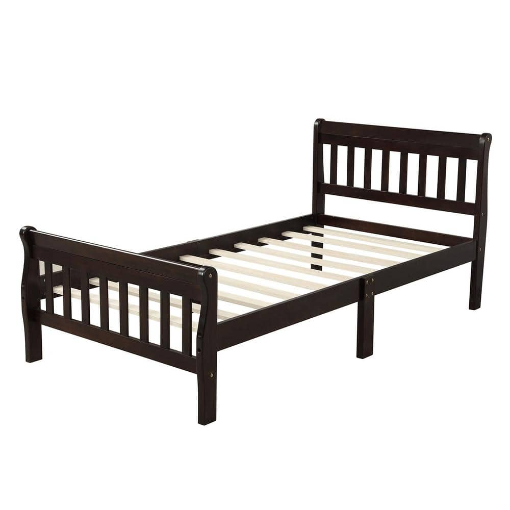 Espresso Wood Twin Platform Bed Frame with Headboard and Footboard, Sleigh Bed with Slat Support, No Box Spring Needed -  URTR, T-01027-P