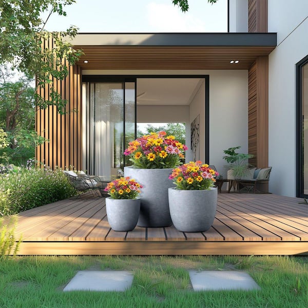 10 in. 14 in. 18 in. Soft Slate(Enhanced Core) Concrete Round Planter / Pot with Drainage Holes (3-Pack)