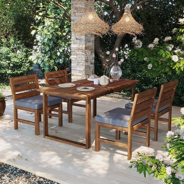 Valewood Patio 5-Piece Rectangle Brown Solid Wood Outdoor Dining Set with Gray Cushions, Slat Design