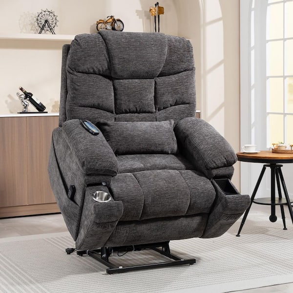 Flagship Dual Motor 26 in. W Oversized Gray Chenille Power Lift Recliner Chair with Hidden Cup Holder Wireless Charging