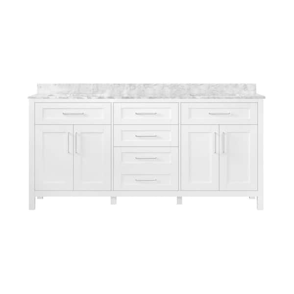 Tahoe 72 in. Double Sink White Bath Vanity with Carrara Marble Top and Integrated Power Outlet (Assembled)