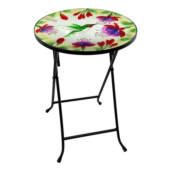 Alpine Corporation 14" Folding Glass Round Table with Flowers and Hummingbirds