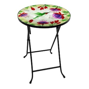 14" Folding Glass Round Table with Flowers and Hummingbirds