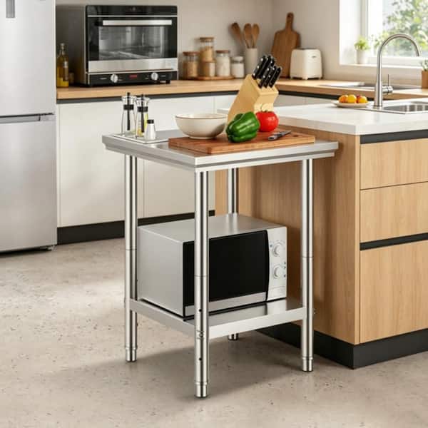 24 x 24 x 31 in. Stainless Steel Silver Work Table with Lower Storage Shelf, Heavy Duty Prep Table for Kitchen Storage